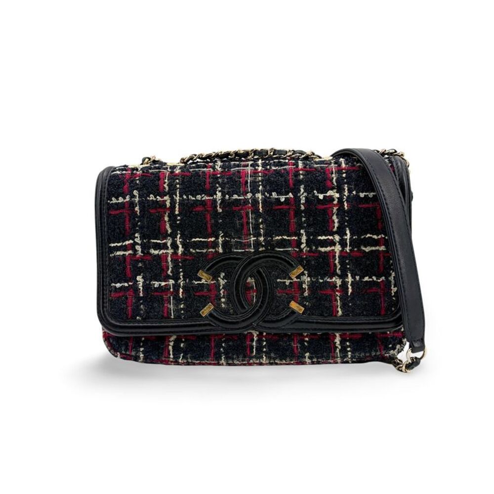 Chanel CC Filigree Tweed Flap Bag Medium Black Red